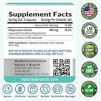 Magnesium Citrate Supplement for Sleep, Relaxation & Muscle Support 400mg High Absorption Magnesium Capsules for Women & Men Vegan, Non-GMO, Easy to Swallow Small Capsules 200 Capsules