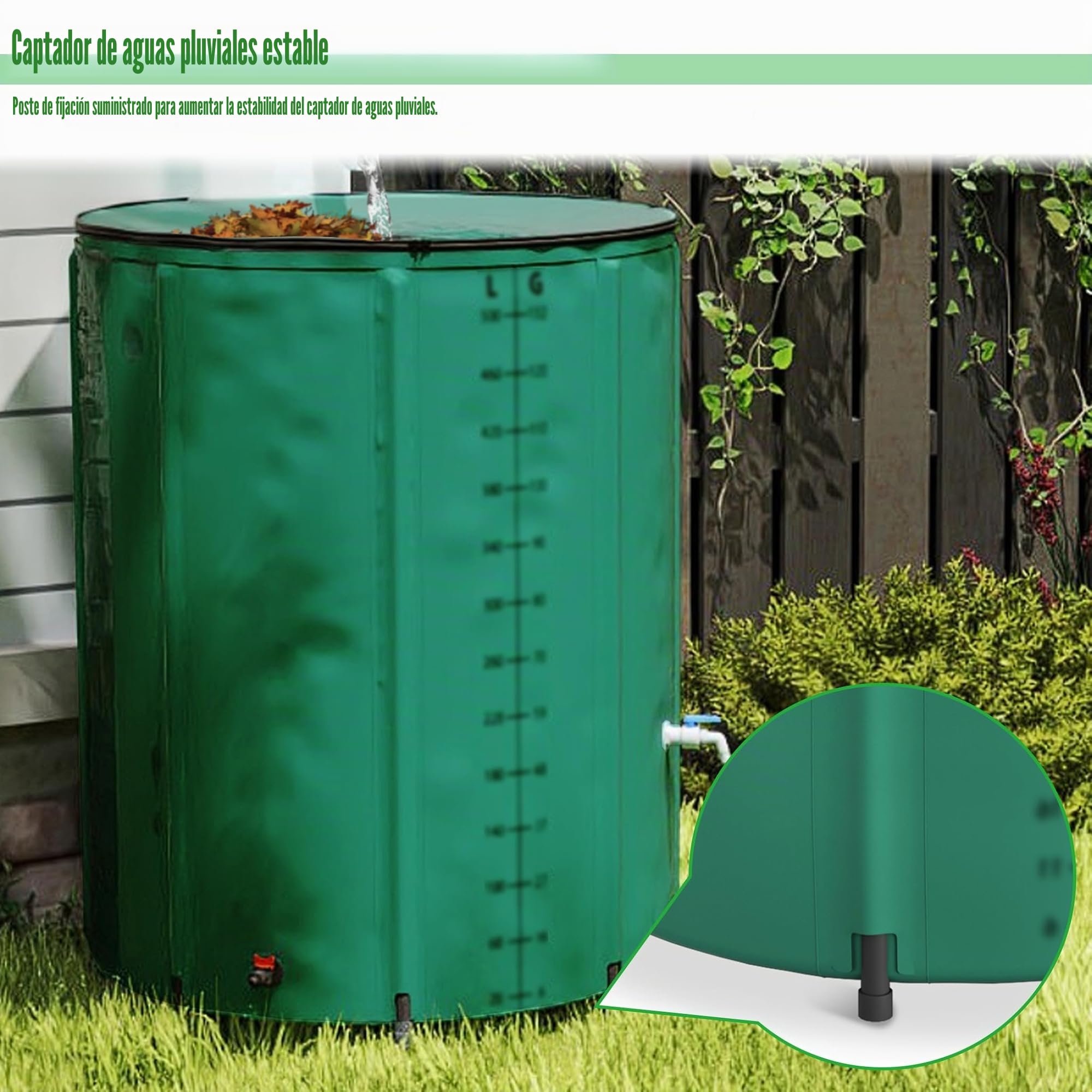 750L Toneladas Plegables para Recoger Agua de Lluvia, 150 Galones Contenedor de Agua con Grifo, Escala y Salida. Depósito de Agua Plegable con Soporte y Varilla de Apoyo. Tanque de Agua Verde