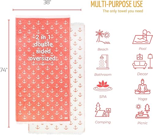 Miniatura 5 de Toalla de playa turca de doble cara, 100 % algodón de fibra larga, suave, absorbente, de secado rápido, sin arena, prelavada, toallas para playa,