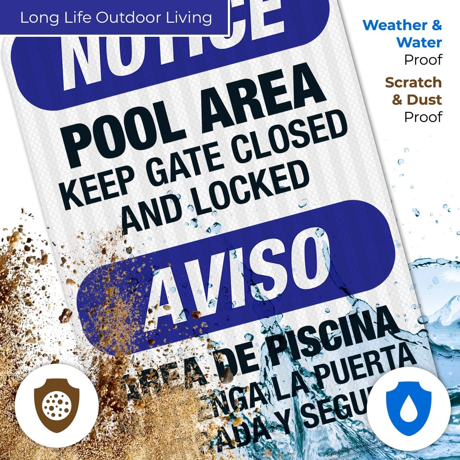 Pool Area, Keep Gate Closed and Locked Sign, Bilingual English Spanish, 12x18 Inches, 3M EGP Reflective .063 Aluminum, Fade Resistant, Easy Mounting, Indoor/Outdoor Use, Made in USA
