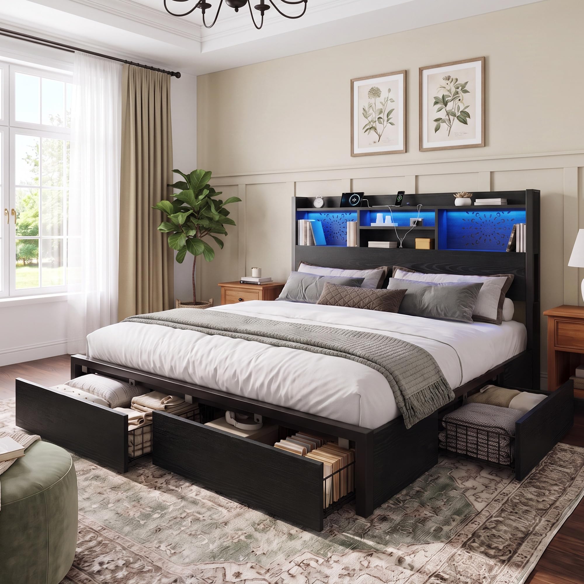 Belffin Queen Bed Frame with 6 Storage Drawers and Carving Headboard