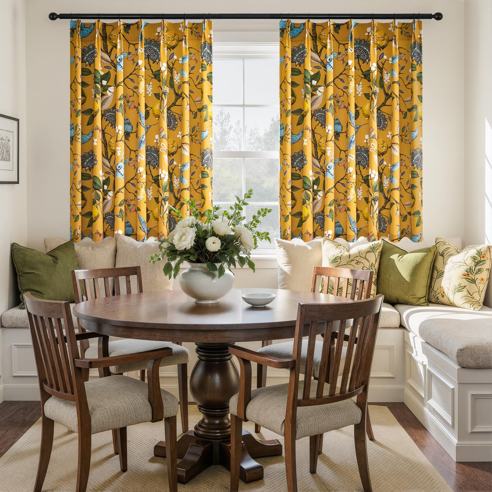 Mustard Yellow Kitchen Tier Curtains 36 Inches Long,Botanical Floral Lemon &amp; Hummingbird Pinch Pleated Half Window Drapes Room Darkening for Kitchen RV Cafe Basement Bathroom Dining Room,2 Panels