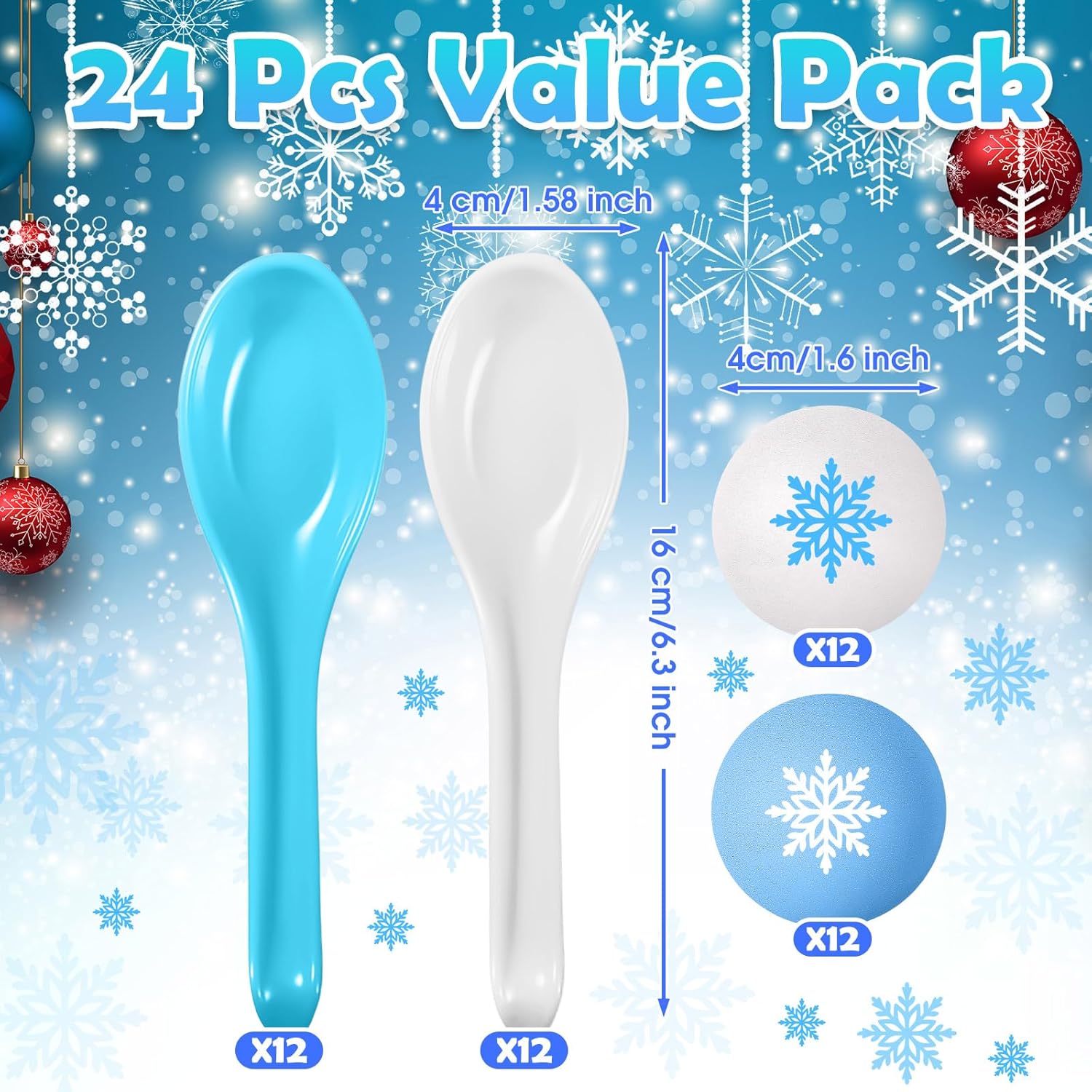 48 Pcs Snowflake Party Game Blue and Purple Spoon Relay Race Set, Snow Ball and Spoon Race Game for Winter Snowflake Party Favors Birthday Supplies Gift(Blue, White)