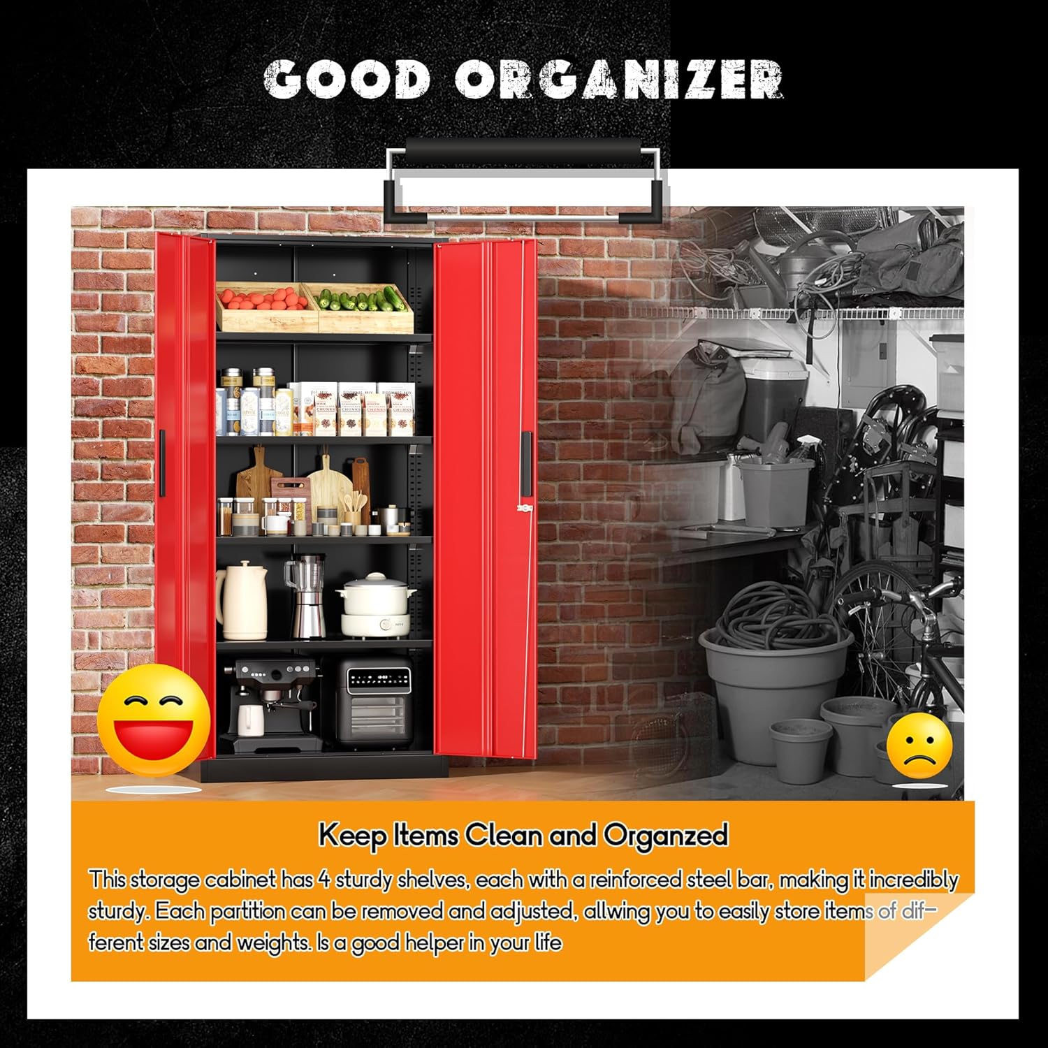 Greenvelly Metal Garage Storage Cabinet with Lock, 72" Metal Storage Cabinet with 2Doors and 4Adjustable Shelves, Steel Tool Cabinet for Home Office, School,Gym (Black&Red)