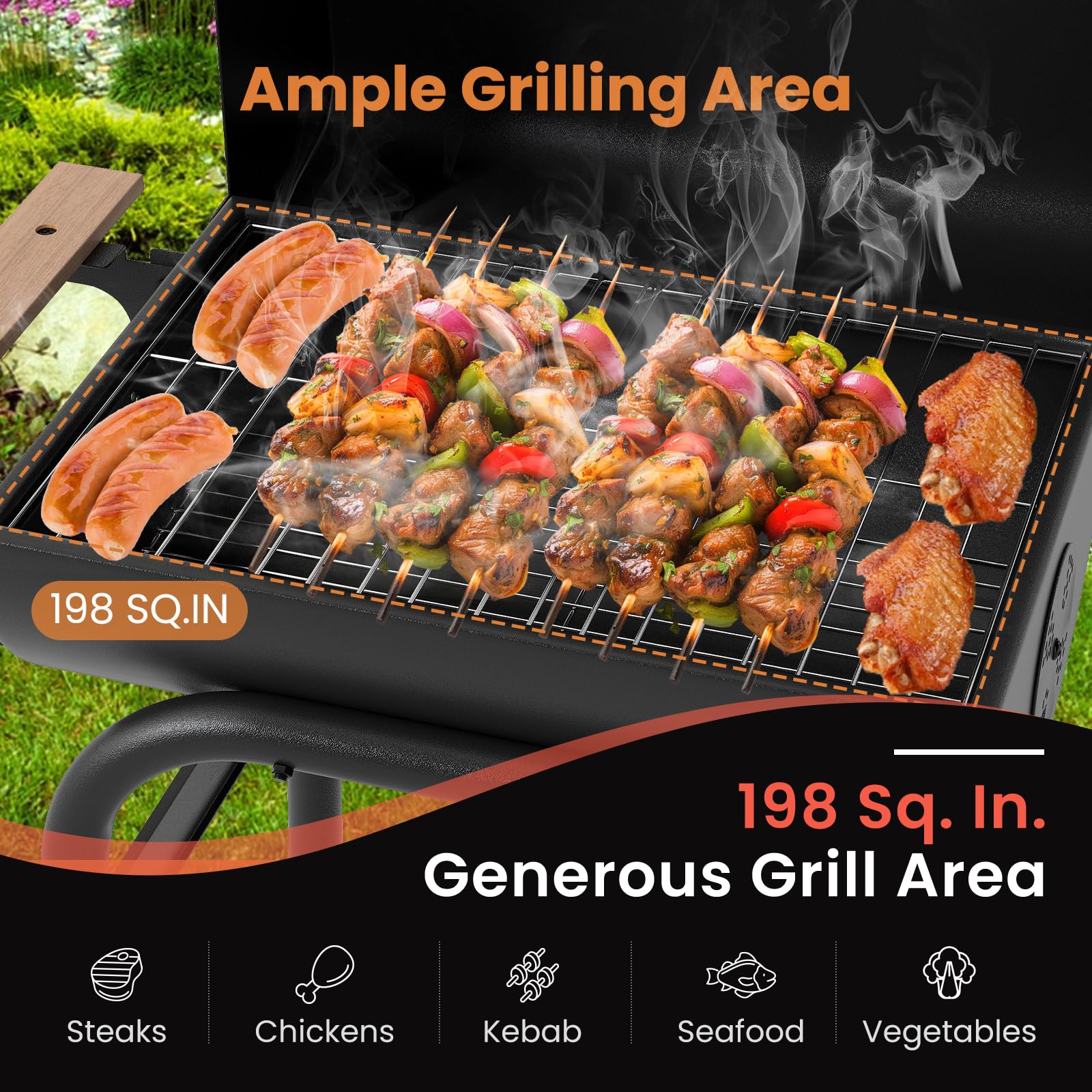 KOMFOTTEU Grill na węgiel drzewny ze składanymi stołami bocznymi i kółkami, zintegrowany termometr i półka, grill dymowy, grill stojący do użytku na zewnątrz