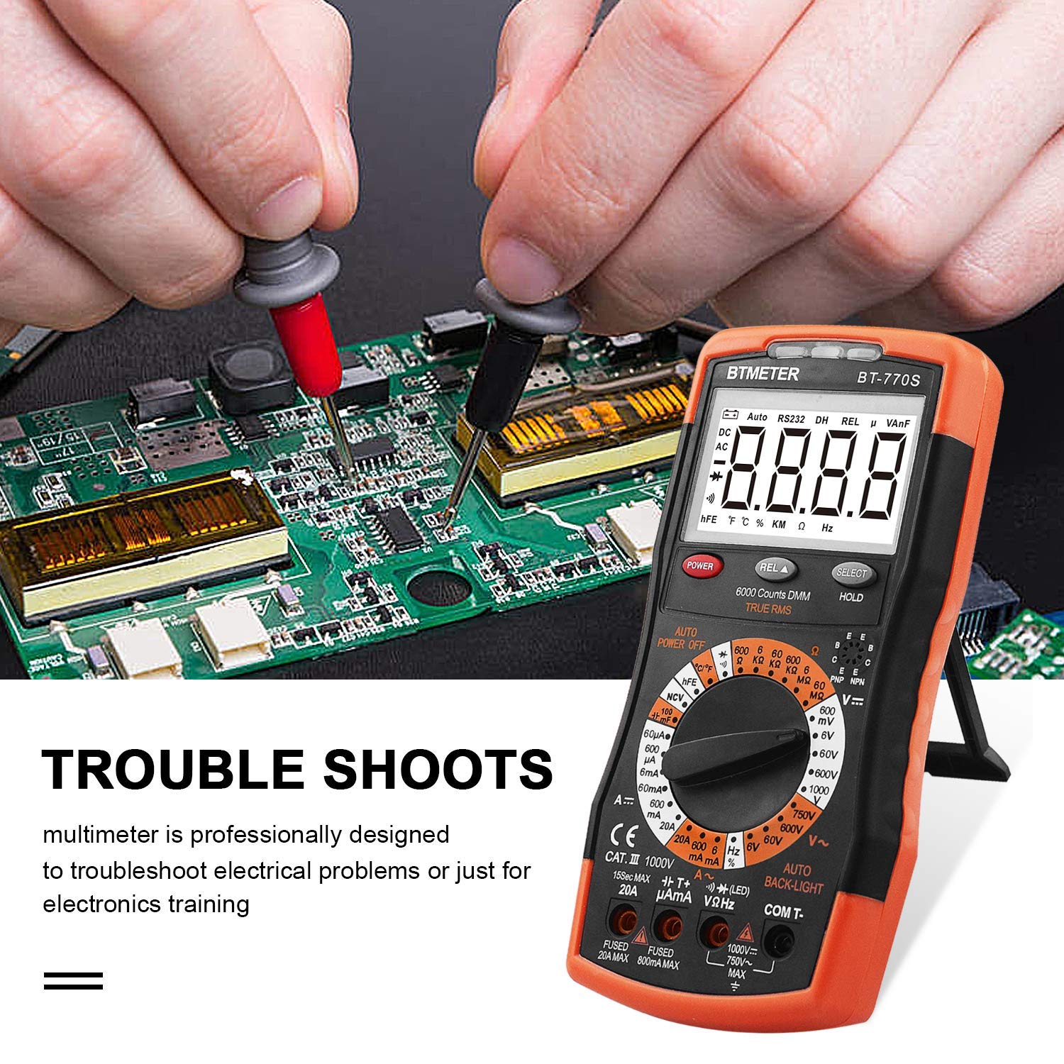 BTMETER BT-770N TRMS Multimètre Numérique à 6000 Points, Tension AC DC, Résistance De Courant, Avec Capacité, Continuité, NCV, Test De Température, Rétroéclairé Automatique
