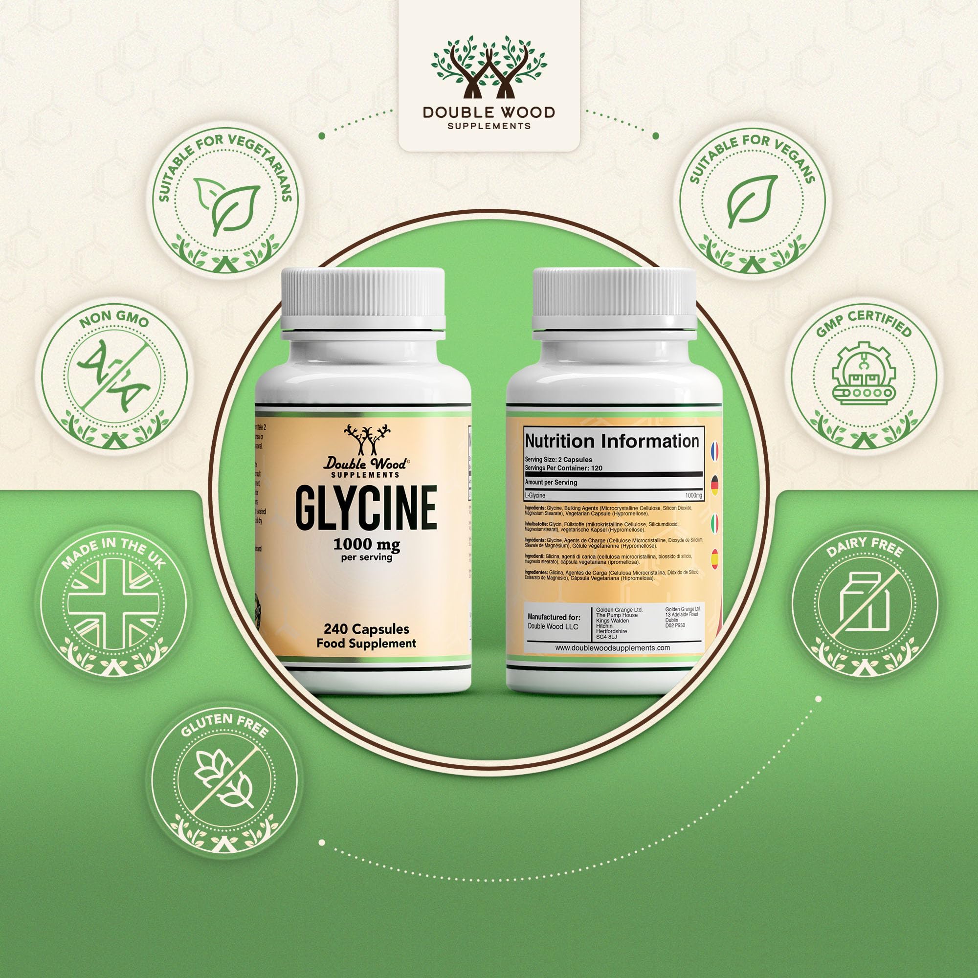 DW Glycine Complement | 240 Gelules Glycine Haute Teneur - 1000 mg par Portion | Complément Alimentaires Acides Aminés | Sans OGM Sans Gluten | Fabriqué au Royaume-Uni
