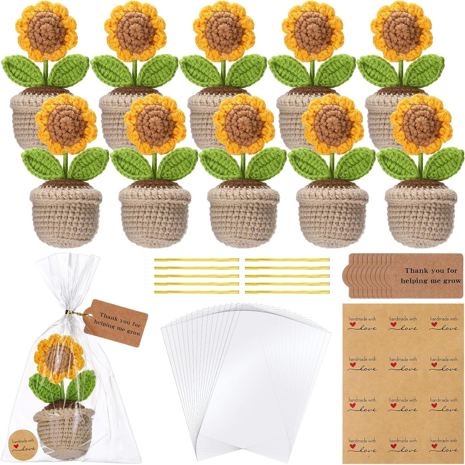 Soulchen 10 Sets Sunflower Teacher Appreciation Gifts Handmade Crochet Flowers with Card Thank You for Helping Me Grow Thank You Gift for Teacher Birthday Graduation Teachers Day End of Year Gifts