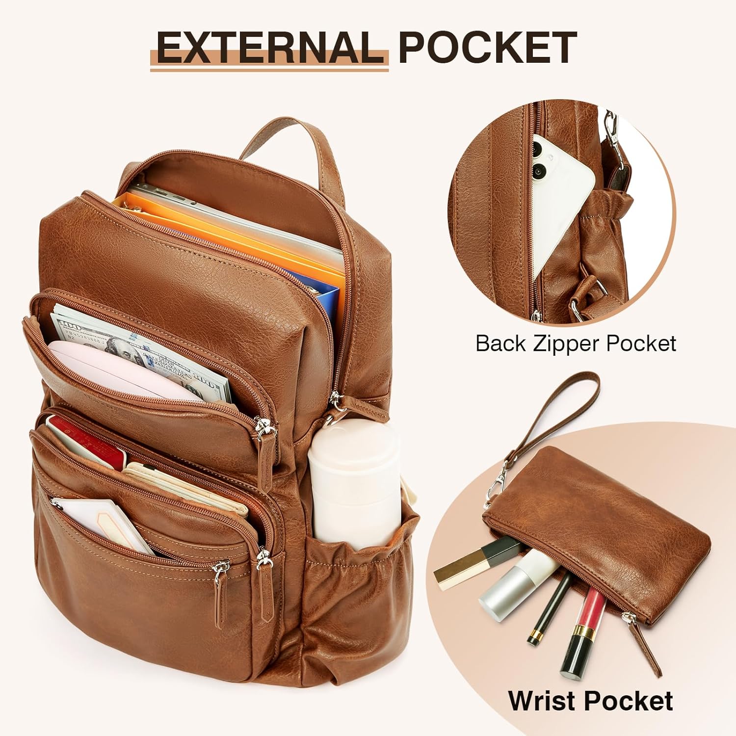 Marvolia PU Leather Backpack for Women - Vintage Womens Backpacks with Wristlet Convertible Crossbody Shoulder Bag for Daily Use Work Party - Brown - Image 5