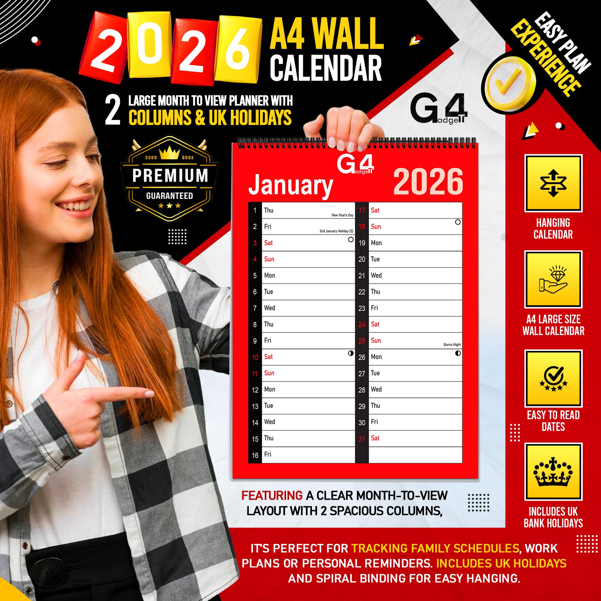 G4GADGET Wandkalender 2026 – Schmal, Spiralgebunden, Mit Monatsübersicht & UK-Feiertagen