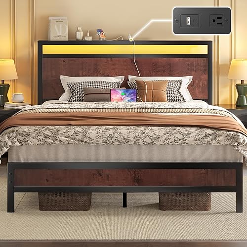 Queen Bed Frame with Headboard & Footboard, Bed Frame with Built-in Charging Station & LED Light, Storage Shelf, Noise-Free, No Box Spring Needed, Easy Assembly, Coffee Brown