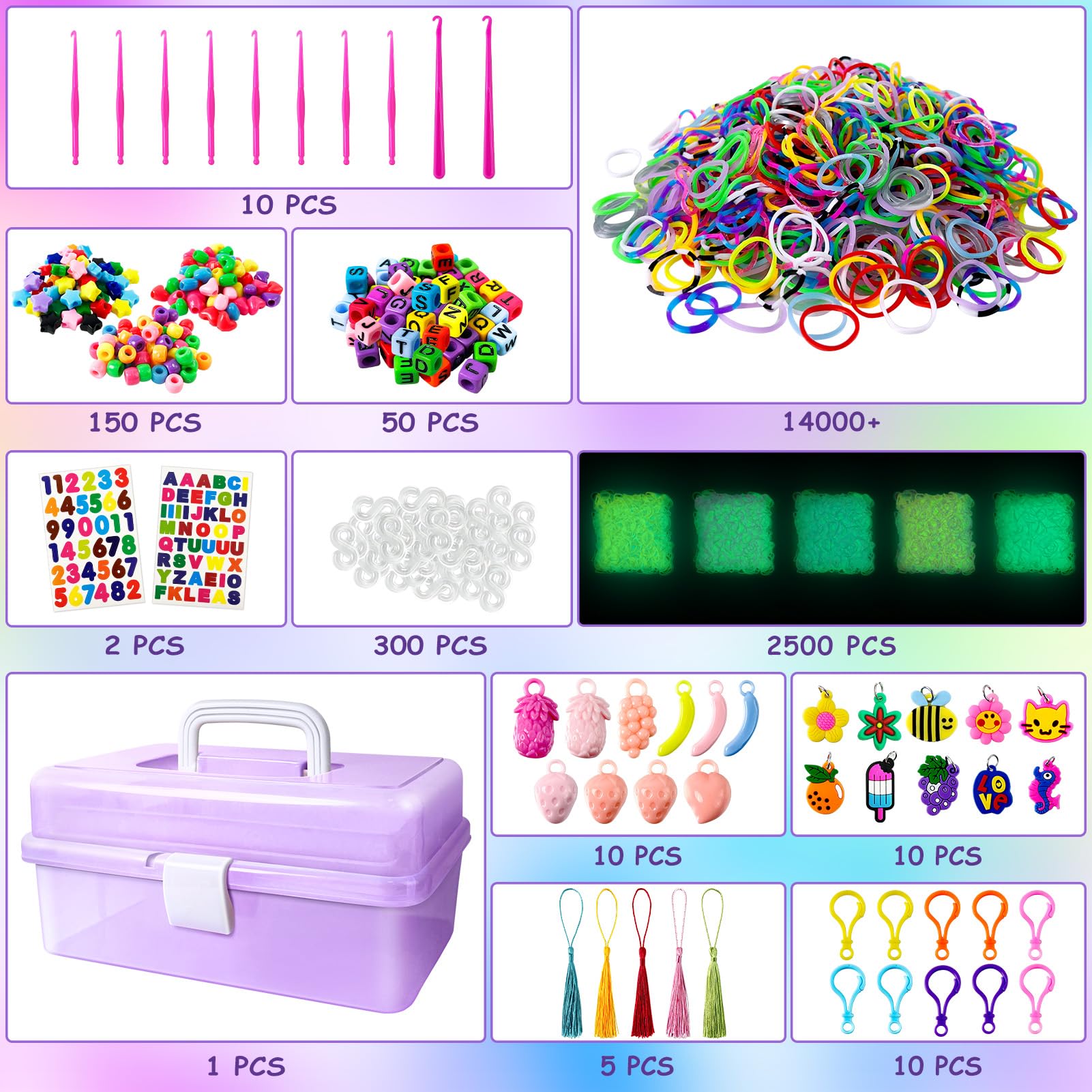 ROSHUKG 14500 Kit di Braccialetti di Gomma, Braccialetti di Gomma Colorata che Fanno Kit con 3 Strati Contenitore per Ragazze Ragazzi(Viola)