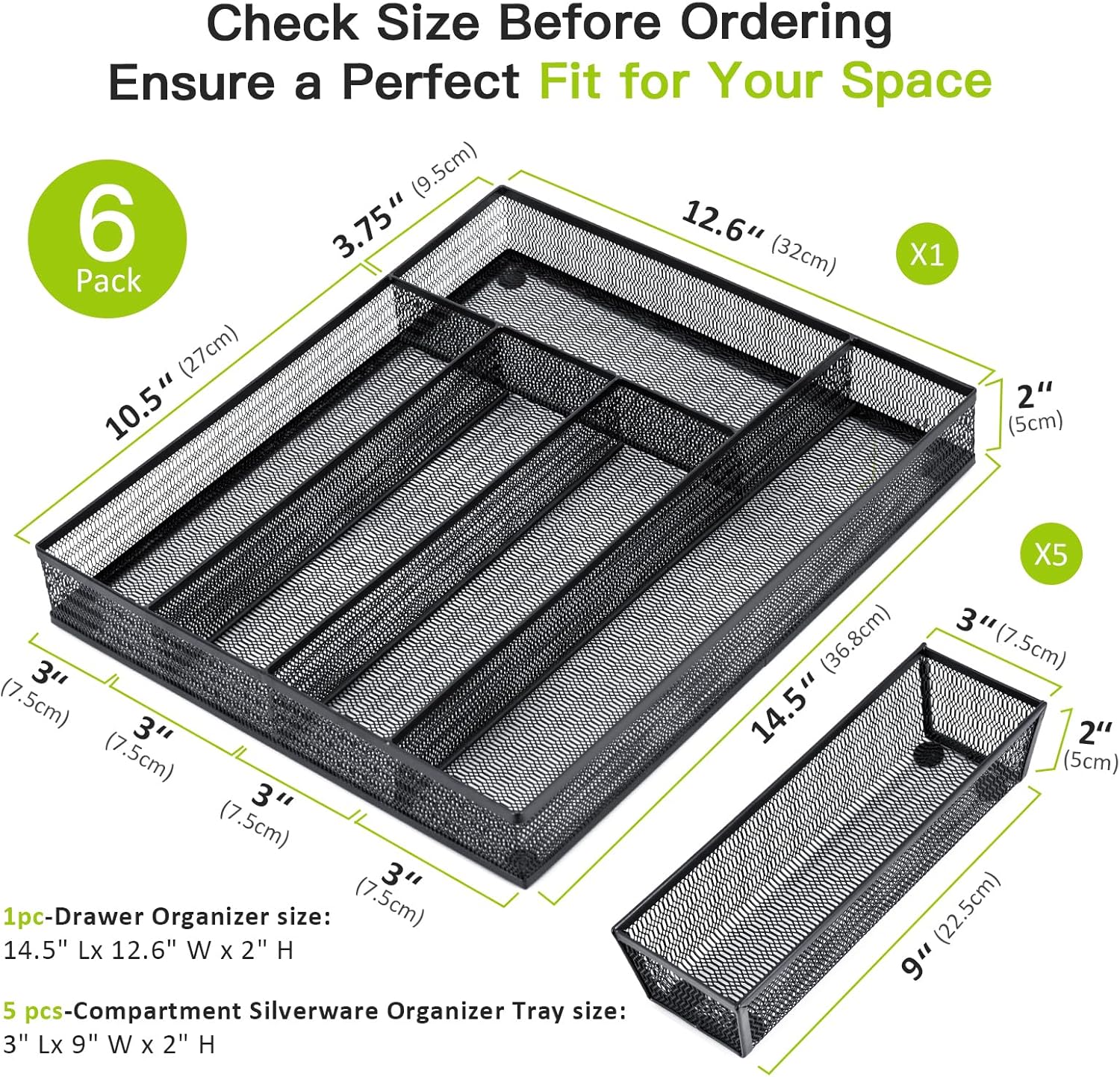 Neudeco Drawer Organizer Set 6 Pack - 5-Compartment Silverware Organizer Tray + 5 Utensil Trays, Kitchen Drawer Organizer for Flatware, Cutlery, Office Supplies, Black Mesh, Non-Slip.