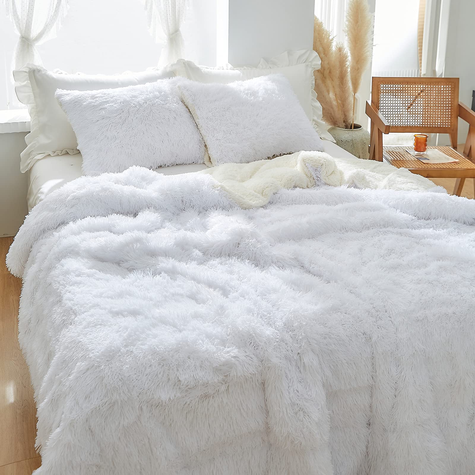 Uozzi Bedding White Faux Fur Comforter Set Queen 3 Pieces - 1 White ...