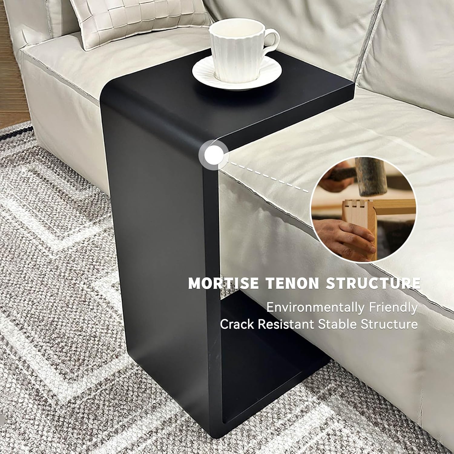 C Shaped End Table Small Side Table for Couch Walnut Sofa Table Wooden Narrow Couch Side Table Rustic C Table for Living Room Office Bedroom (Black)