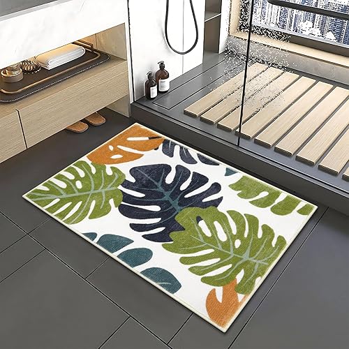 Miniatura 6 de Lukinbox Alfombras de baño antideslizantes con hojas, lindas y pequeñas, lavables, Monstera para baño, tapete de baño de microfibra suave rojo y