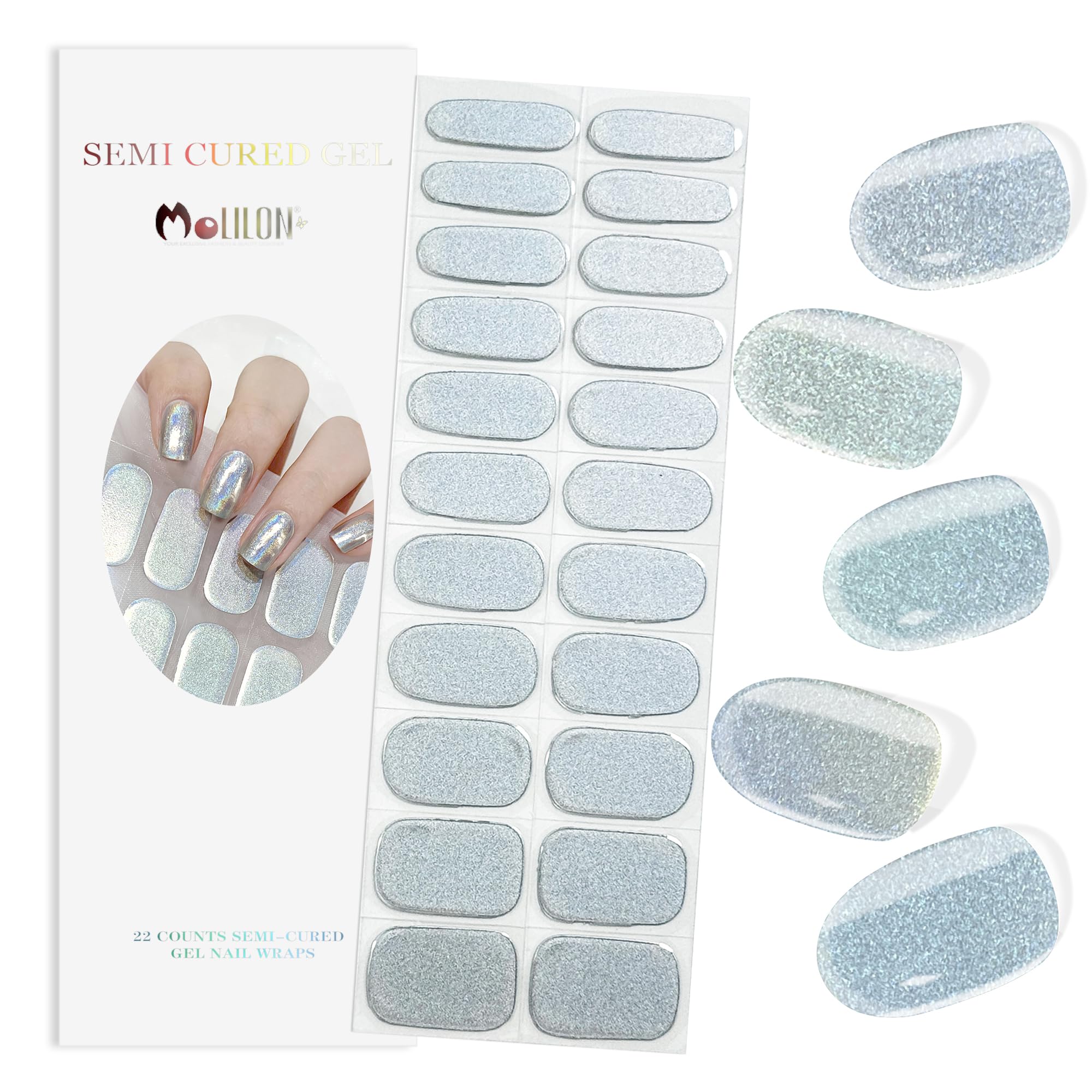 MOLILON 22 PCS Semi Cured Gel Nail Strips (Metallic Laser Silver) - Need UV Light | Glitter & Glossy | Easy to Apply | Salon Design | Long Lasting -