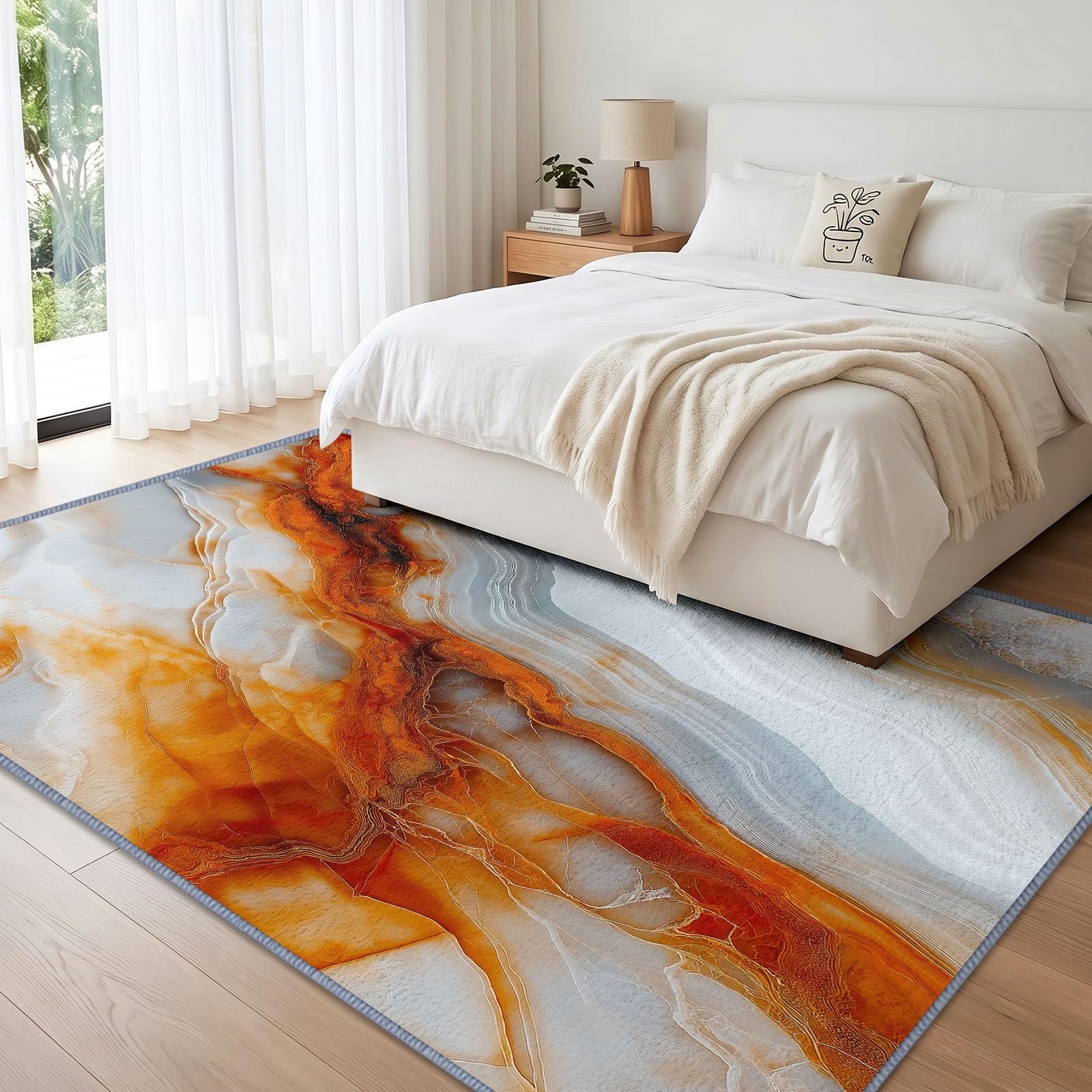 Tapis de Salon Art Luxe 140 x 200 cm, Marbre Ambre Tapis Poils Courts Lavable Moderne, Décoratif Antidérapant et Doux pour Salon Chambre et Bureau