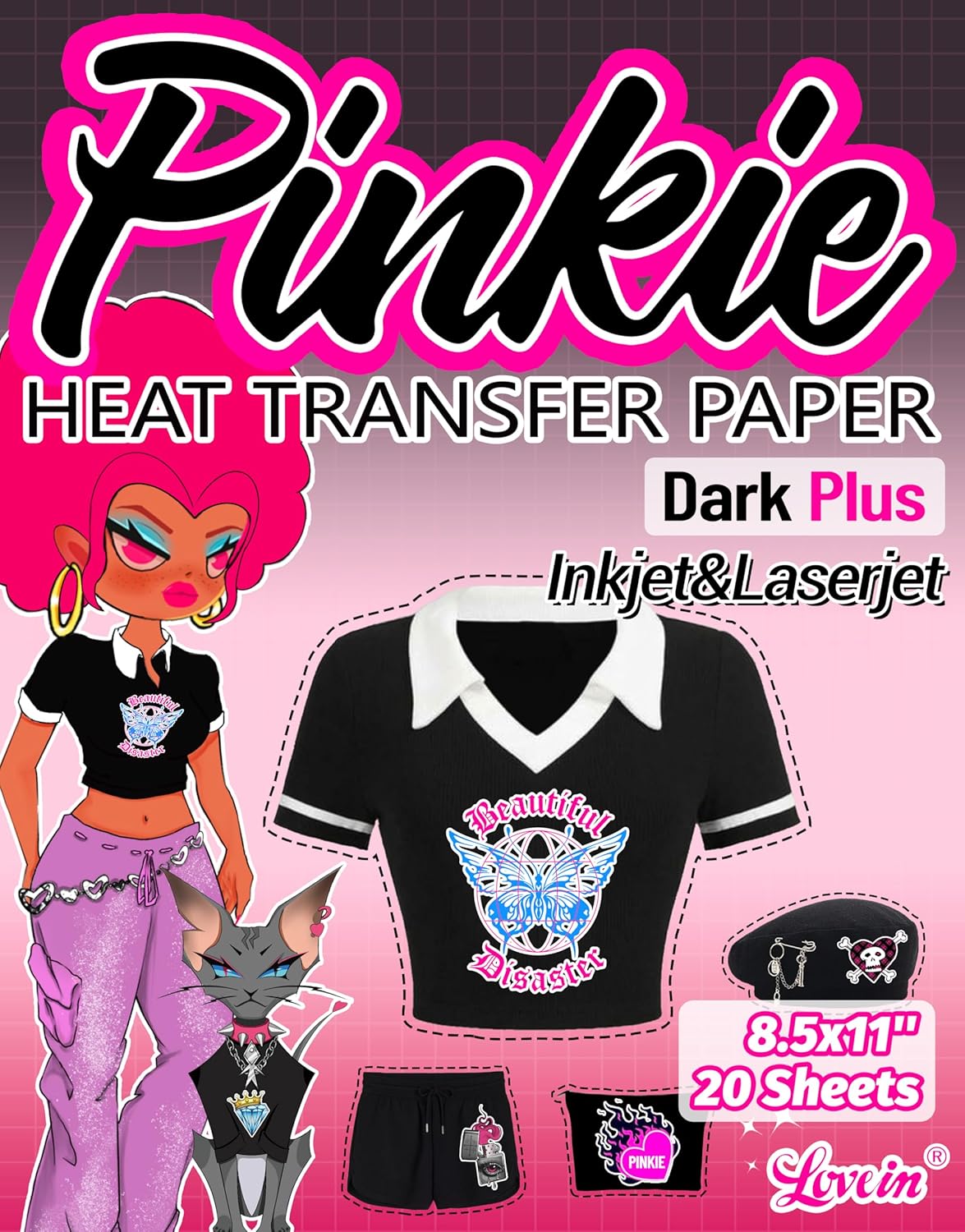 Lovein Pinkie Heat Transfer Paper for Laser & Inkjet Printer (20 Sheets, 8.5x11", Dark Plus) Printable Heat Transfer Vinyl for Dark T Shirts, Iron on Transfers for Dark Fabric, Vibrant & Durable