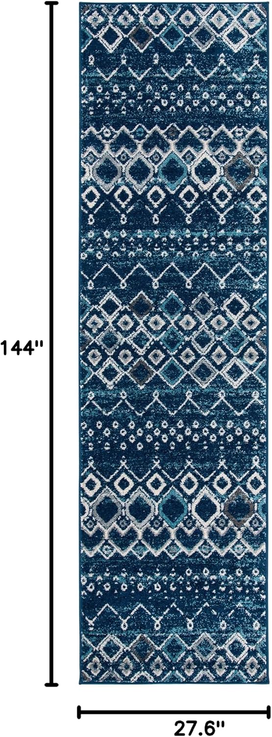 SAFAVIEH Amsterdam Collection Runner Rug - 2'3" x 12', Navy & Beige, Moroccan Boho Design, Non-Shedding & Easy Care, Ideal for High Traffic Areas in Living Room, Bedroom (AMS108N)