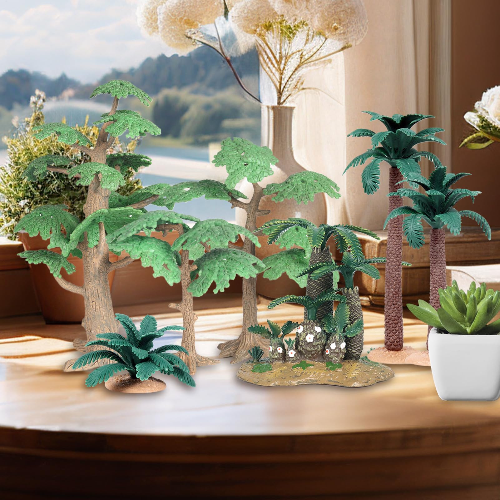 Drzewa modelarskie, miniaturowe figurki krajobrazowe do kreatywnych scen dioramowych, 7-częściowy zestaw z realistyczną teksturą liści, dekoracyjny design, idealne do domu, szkoły, biura, ABS