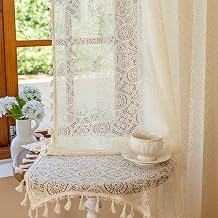 Jilron Sticky Boho Semi Sheer Curtains, Lace Curtains with Adhesive & Rod Pocket, Easy Install for Dining Area, Bedroom Circular Patterns-Linen Yellow-2PC,W52*L63in