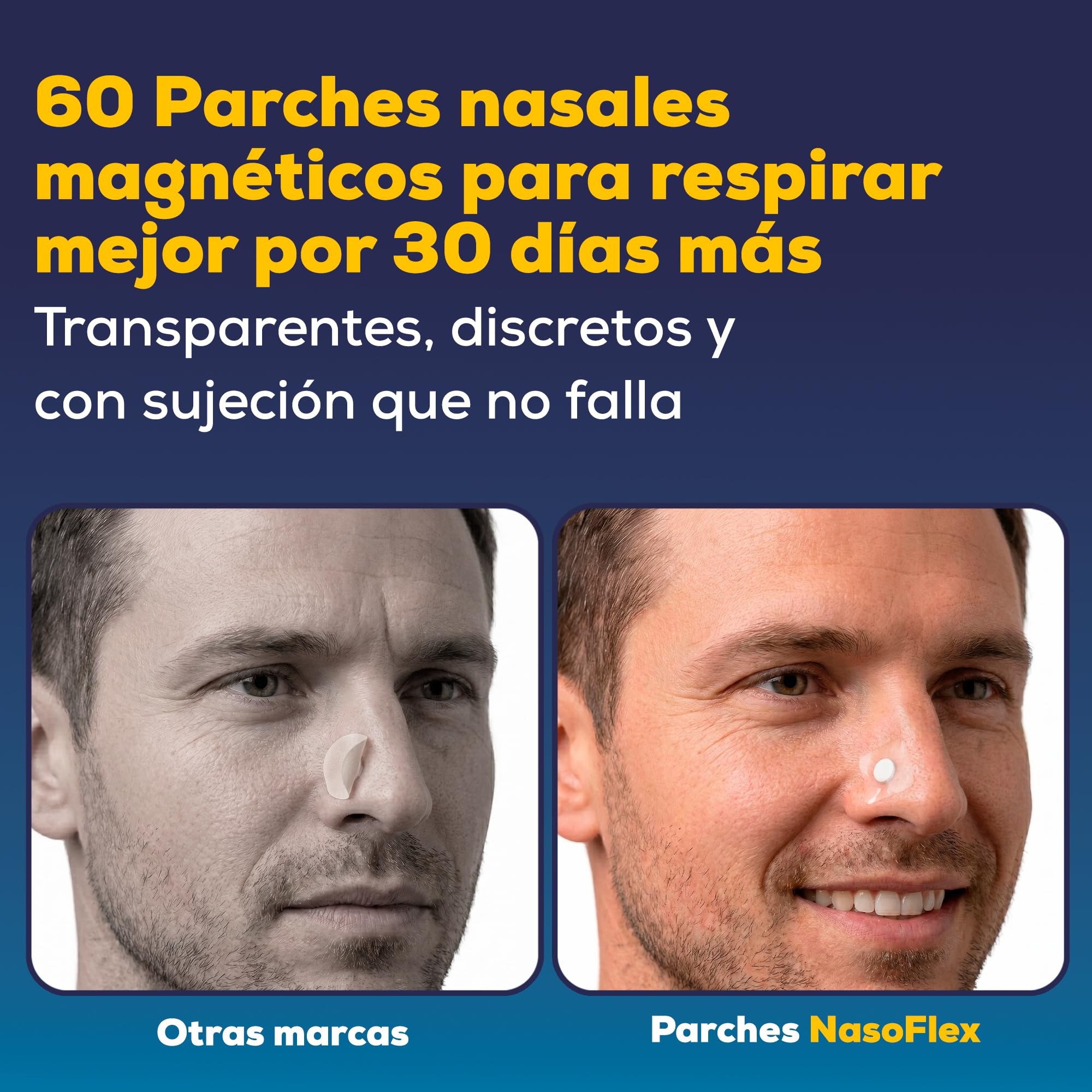 Tiras Nasales Magnéticas Recambios – 60 Adhesivos Transparentes Hipoalergénicos para 30 Días – Parches Antironquidos Compatibles con Tira Nasal Magnética, Respiración Nasal Mejorada - HerboAhorro ®