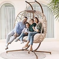 NICESOUL Extra Large Double Egg Swing Chair with Stand - 2 Person Wicker Hanging Loveseat, 700lbs Capacity, Plush Cushions, Indoor Outdoor Beige