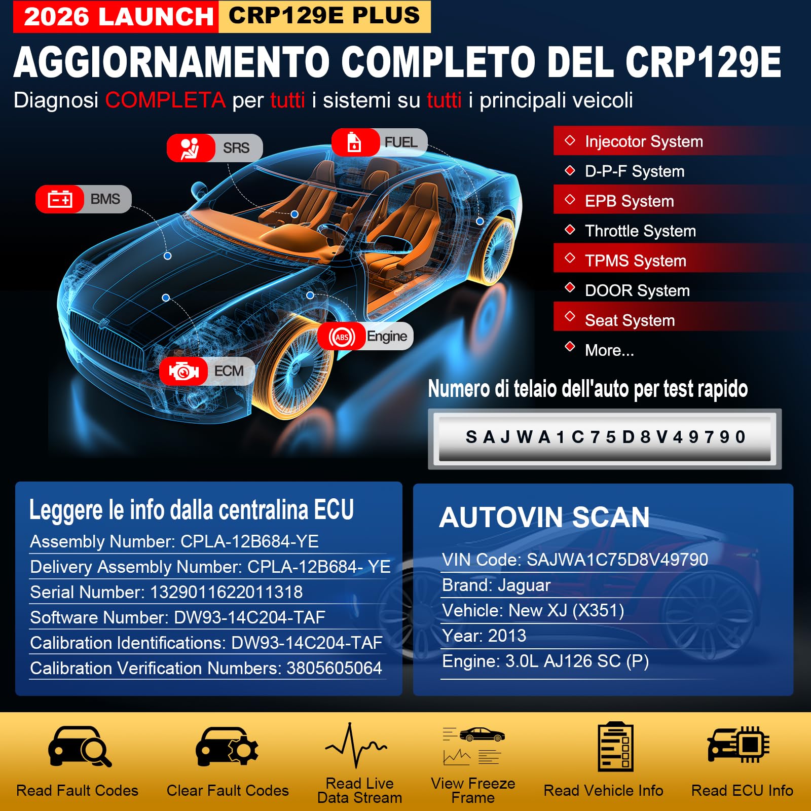 LAUNCH CRP129E Plus V3.0 OBD2 Auto Diagnostica Tutti gli Scanner Sistema con 12+ Reset, ABS/Iniettore/Olio/Valvola A Farfalla/EPB/DPF/SAS/TPMS/Bilanciamento Batteria, Aggiornamenti WiFi a vita