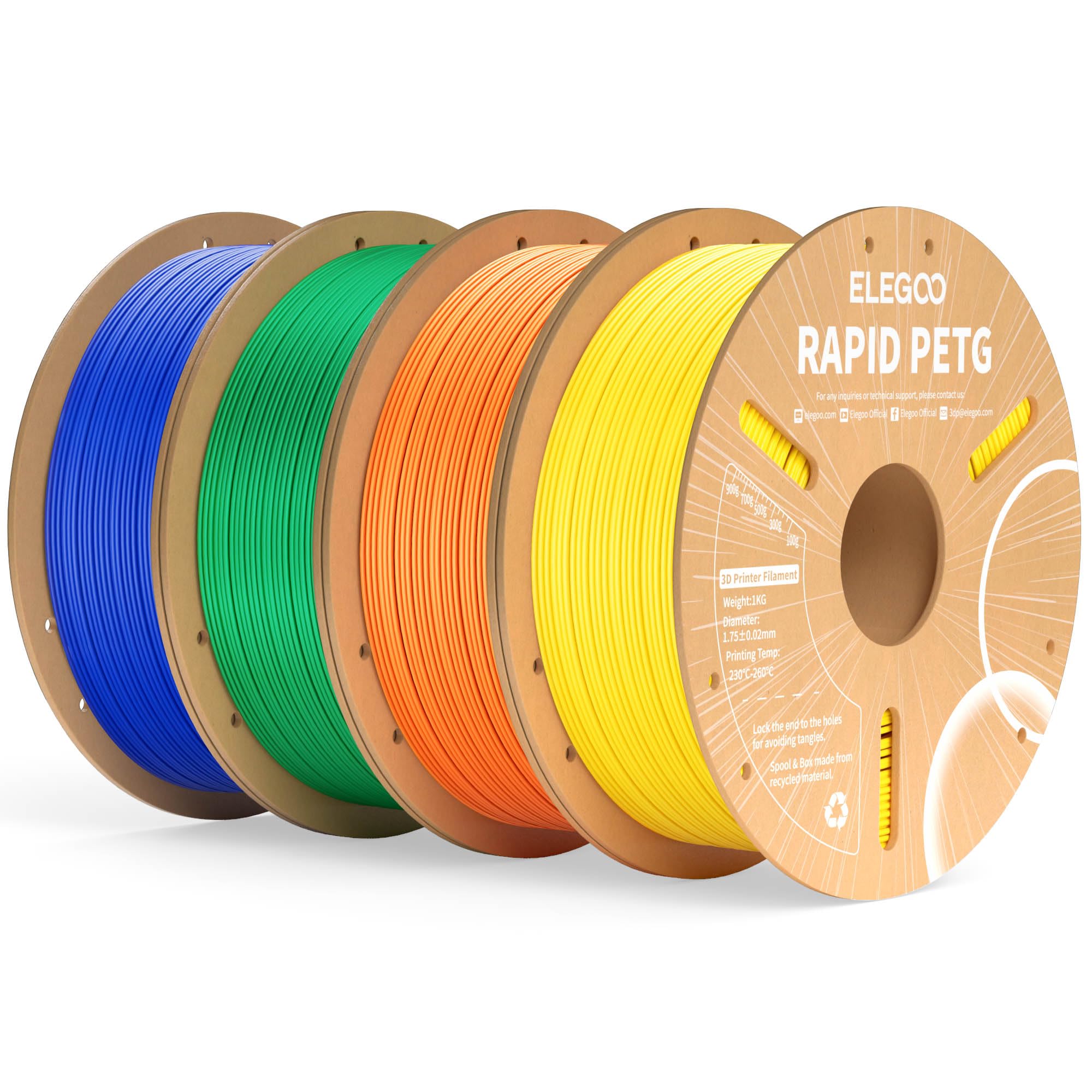 ELEGOO Rapid PETG Filament 1.75mm Gelb Orange Grün Blau 4 KG, High Speed 600mm/s 3D Drucker Filament Maßgenauigkeit +/- 0.02 mm, 1kg Pappspule(2.2lbs) Passend für die Meisten 3D Printer