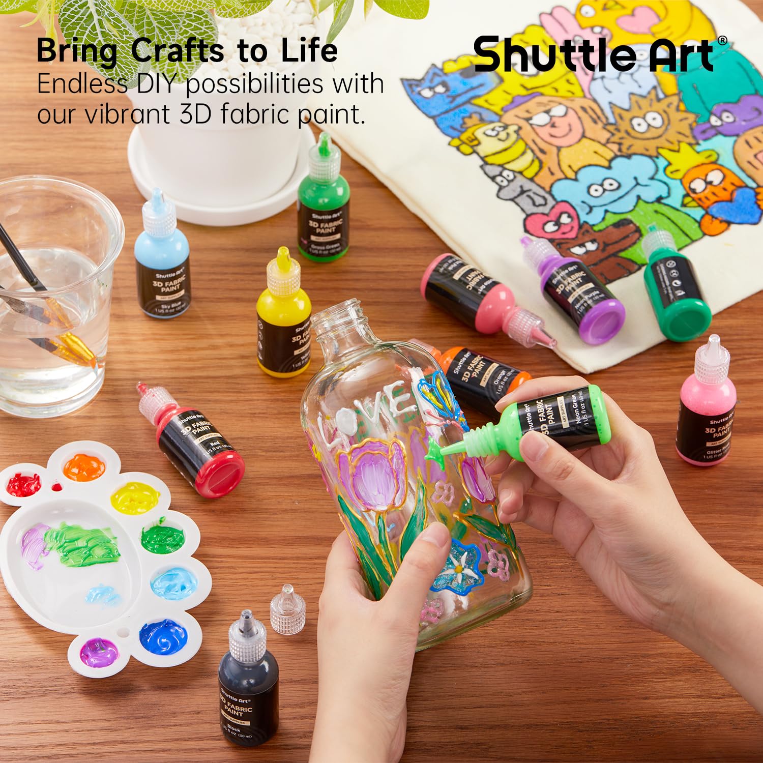 Shuttle Art Fabric Paint Set, 45 Colors 3D Permanent Paint with Brushes Palette Pen Fabric Sheet Stencils, Glow in The Dark, Glitter,Metallic Colors for Textile Fabric T-shirt Jeans Glass - Image 6