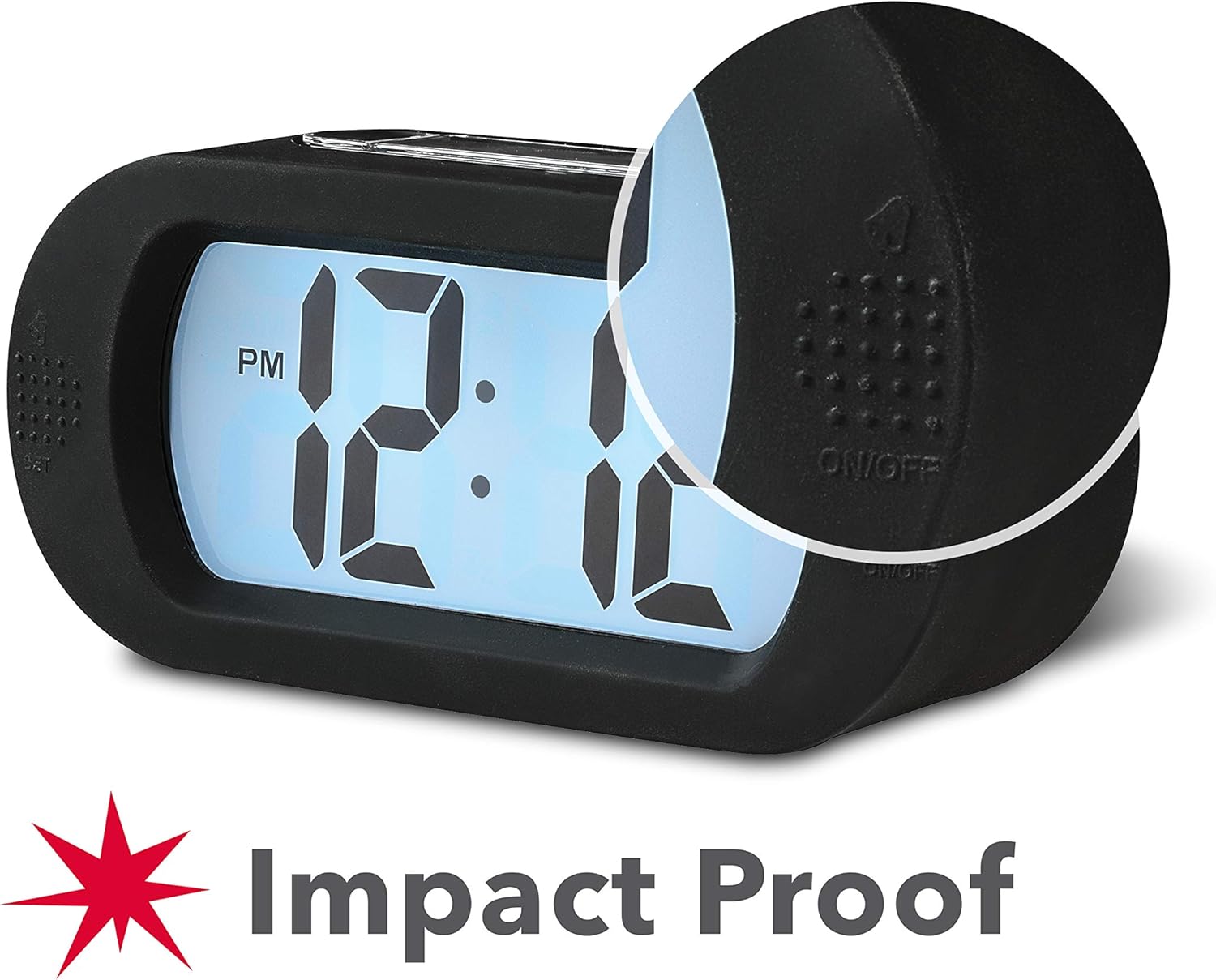 RCA RCD12BKA Alarm Clock with 'Impact Proof' text overlay.