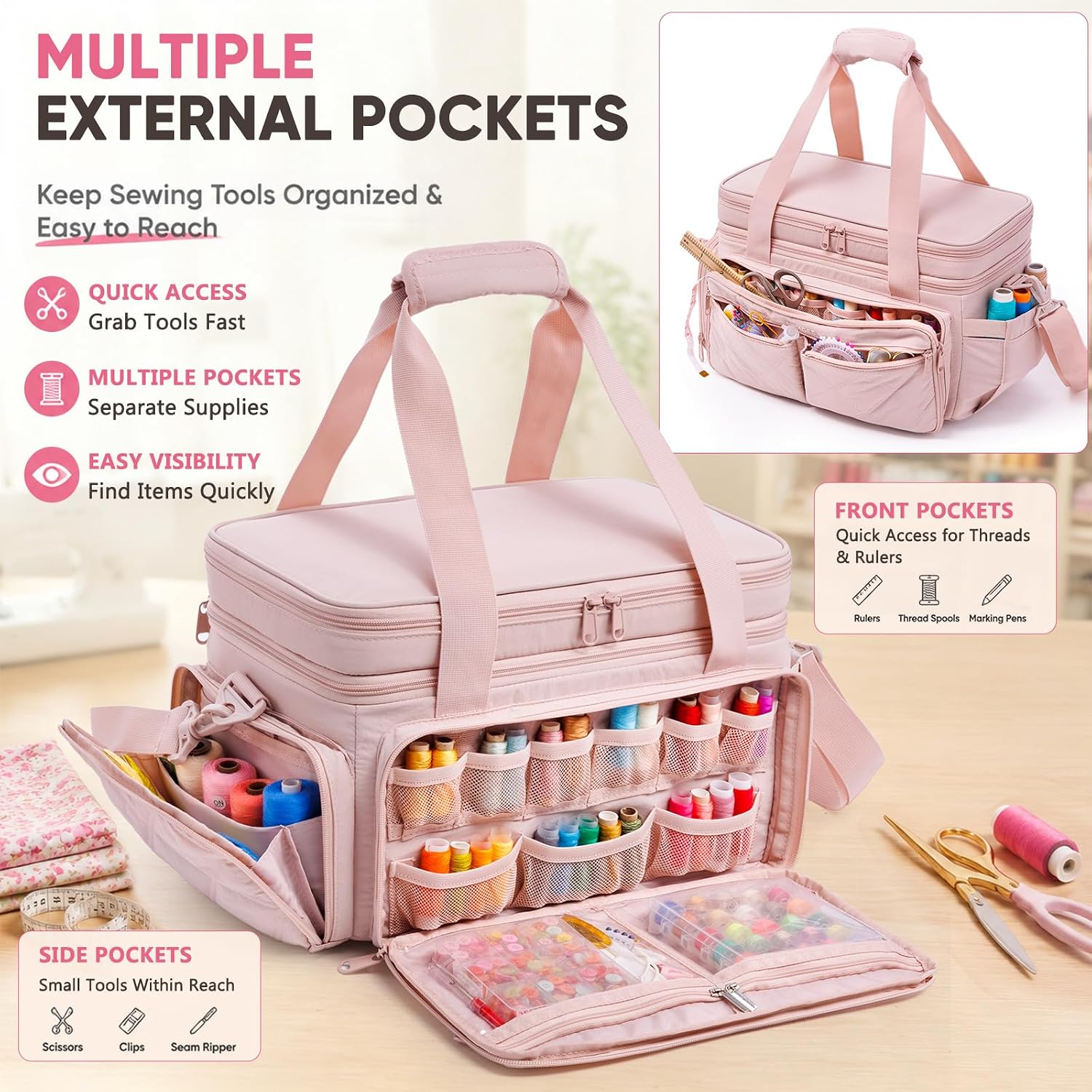 Large Sewing Organizer Bag with 2 Detachable Clear Storage Sewing Boxes