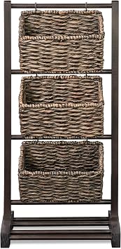 HOMESTEAD 3-Tier Wooden Shelf with Water Hyacinth Woven Baskets Rattan Shelf Basket, Boho Room Decor, Wooden Book Shelf, Bathroom Storage Shelves, Kitchen, Laundry, Living Room Dark Brown