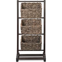 HOMESTEAD 3-Tier Wooden Shelf with Water Hyacinth Woven Baskets Rattan Shelf Basket, Boho Room Decor, Wooden Book Shelf, Bathroom Storage Shelves, Kitchen, Laundry, Living Room Dark Brown
