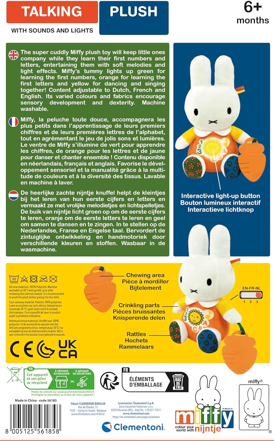 Clementoni - 56185 - Nijntje - Pratende Knuffel - Babyspeelgoed, Cijfers En Letters, Sensory Spel, Nederlandse, Fringe En Engelse Taal, Konijntje Interactief, Educatief Speelgoed 6-36 Maanden