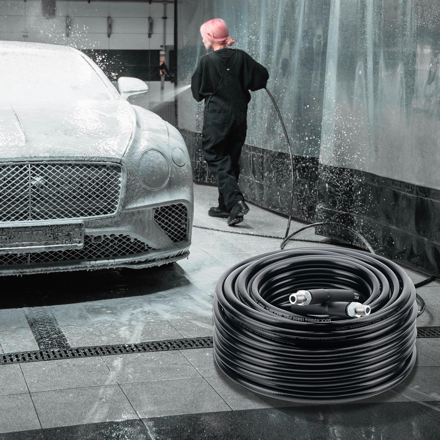 Sewer Jetter Kit for Pressure Washer 100FT, 5800PSI Drain Cleaner Hose 1/4 Inch NPT Corner Rotating and Button Nose Sewer Jetting Nozzle Spanner Waterproof Tape Pearl Corsage Pin