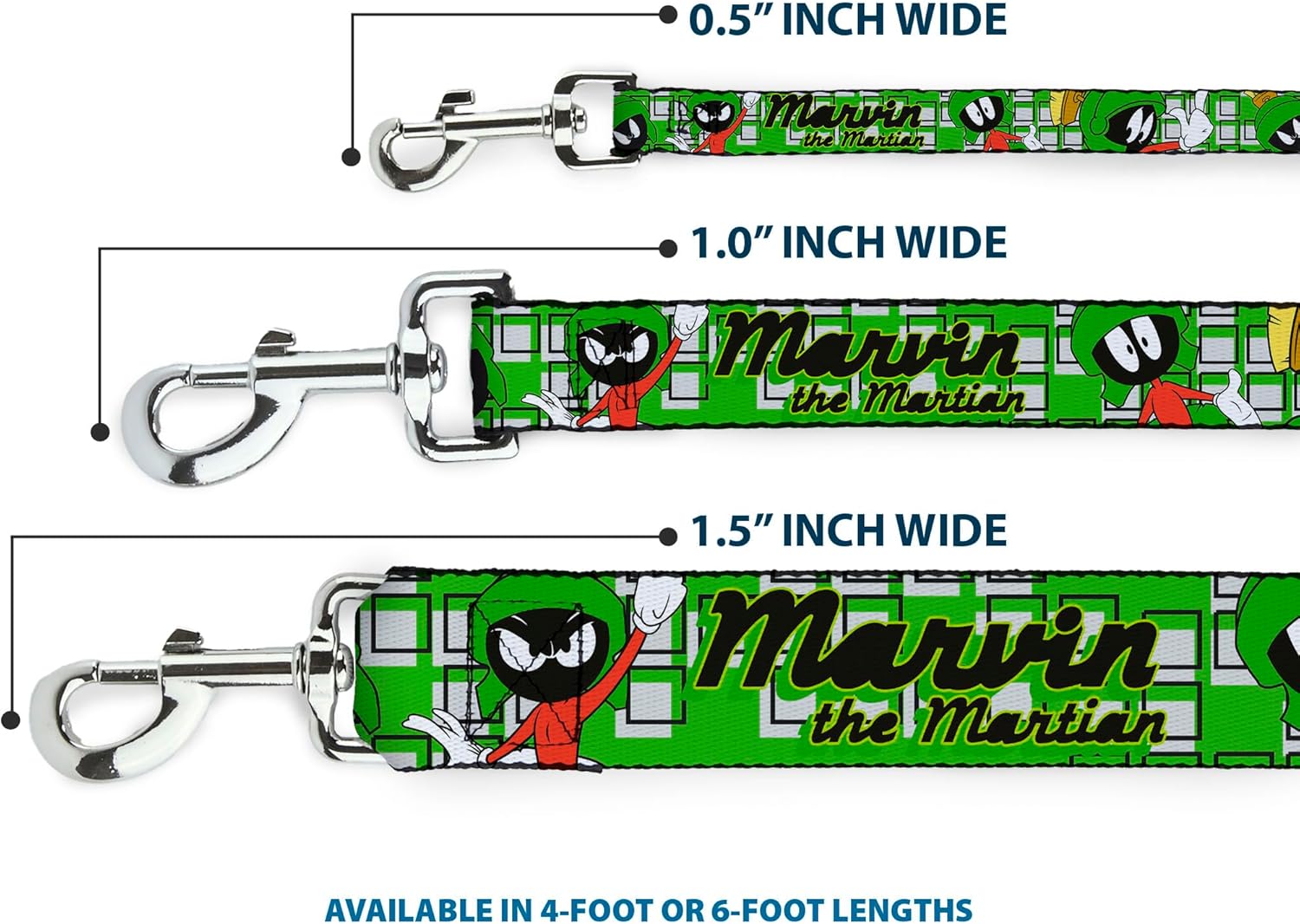 Dog Leash Marvin The Martian Poses White Green 6 Feet Long 1.0 Inch Wide