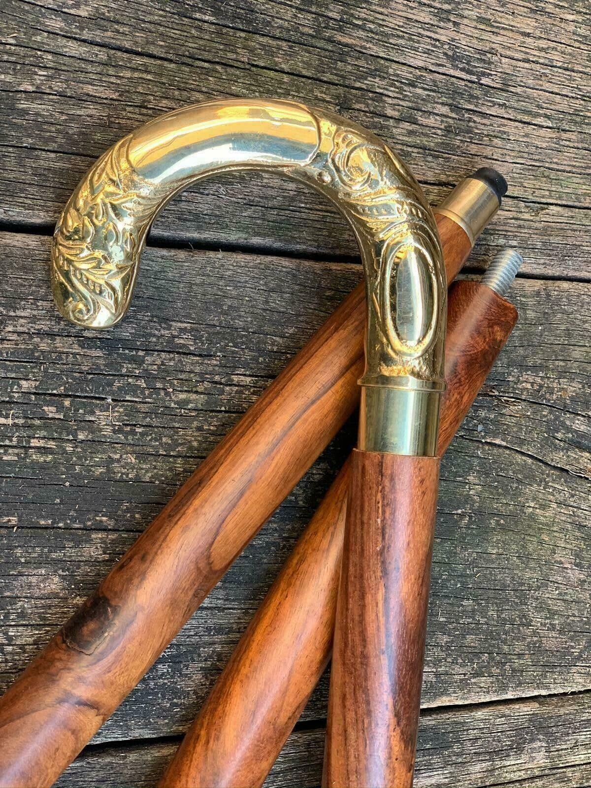 Walking Stick Brass Curved Cane Victorian Style ON Brown Solid Wood Shaft 37'