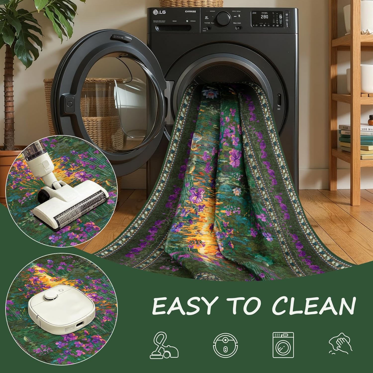 SERISSA 2x3 Small Area Rug for Entryway, Washable Impressionist Floral Indoor Doormat, Non-Slip Low Pile Accent Rug for Entrance Kitchen Bedroom Laundry Room, Green