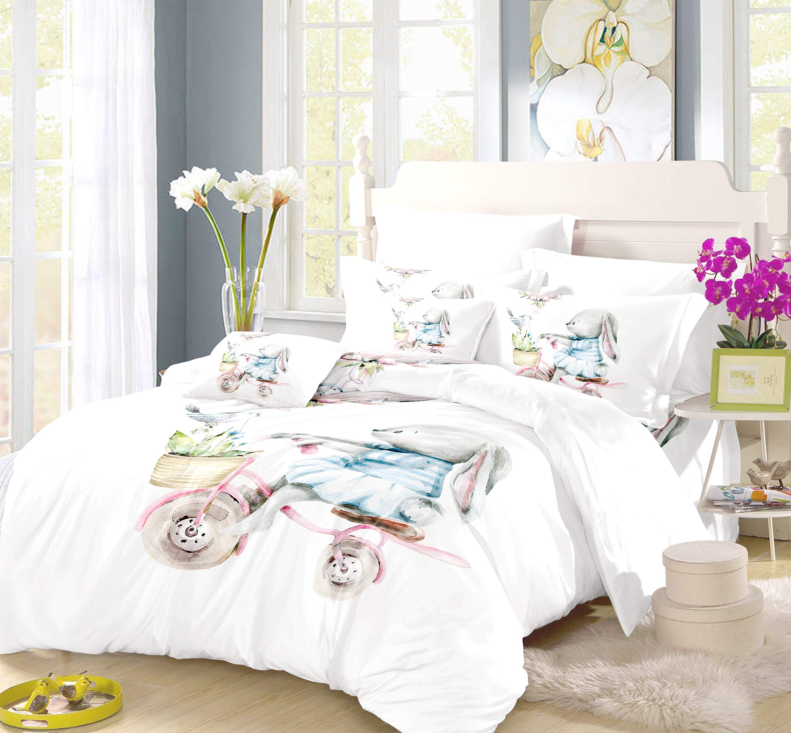 LIWHENHAO Set Copripiumino Queen Size 100% Cotone, Con Coniglietto E Fiori Rosa, 228x228 Cm, 2 Federe 50x66 Cm, Chiusura A Cerniera