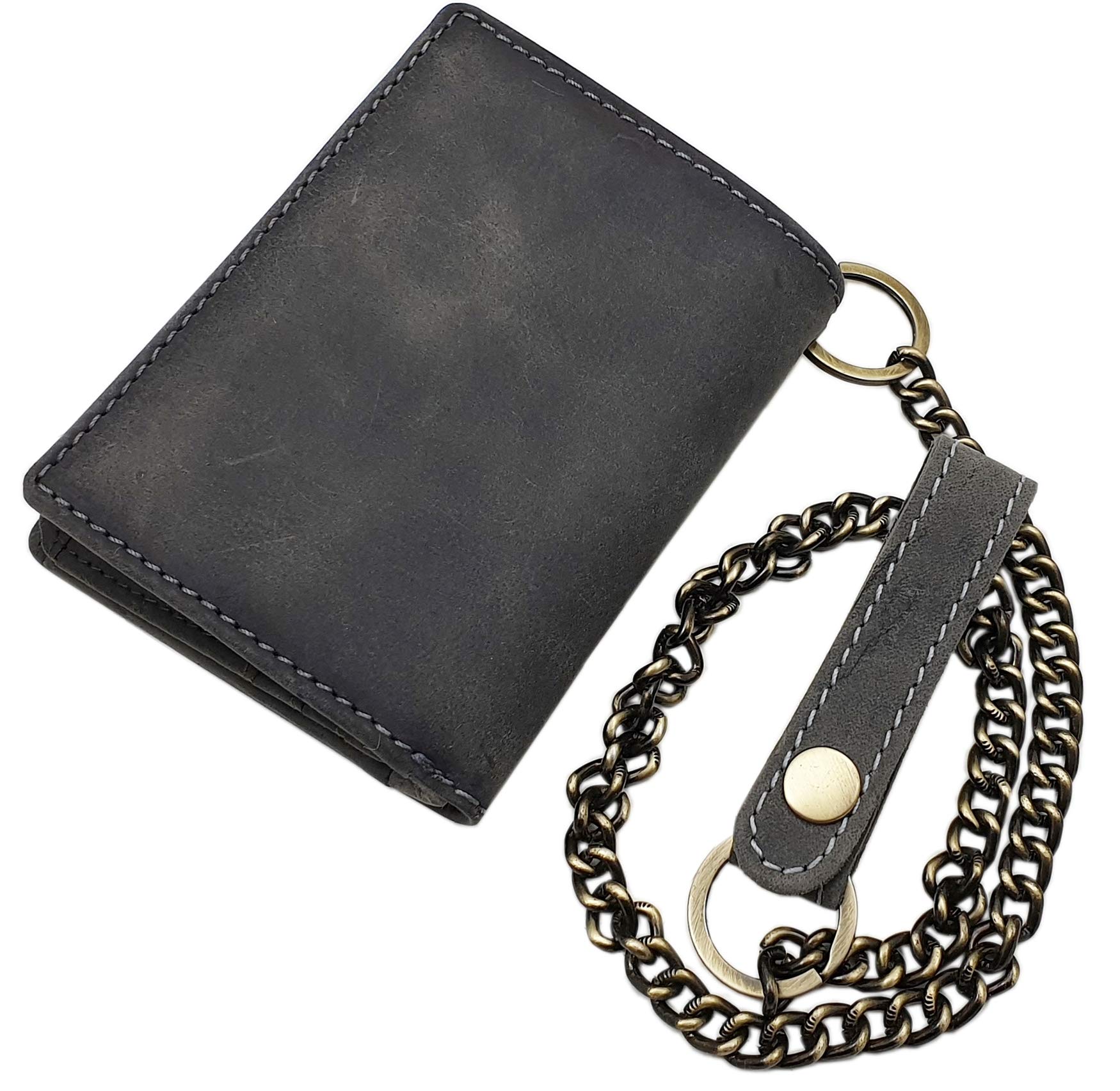 Cuero de búfalo Motero Monedero con Cadena metálica con Calavera Motivo con Bloqueo RFID y NFC (Gris Vintage)