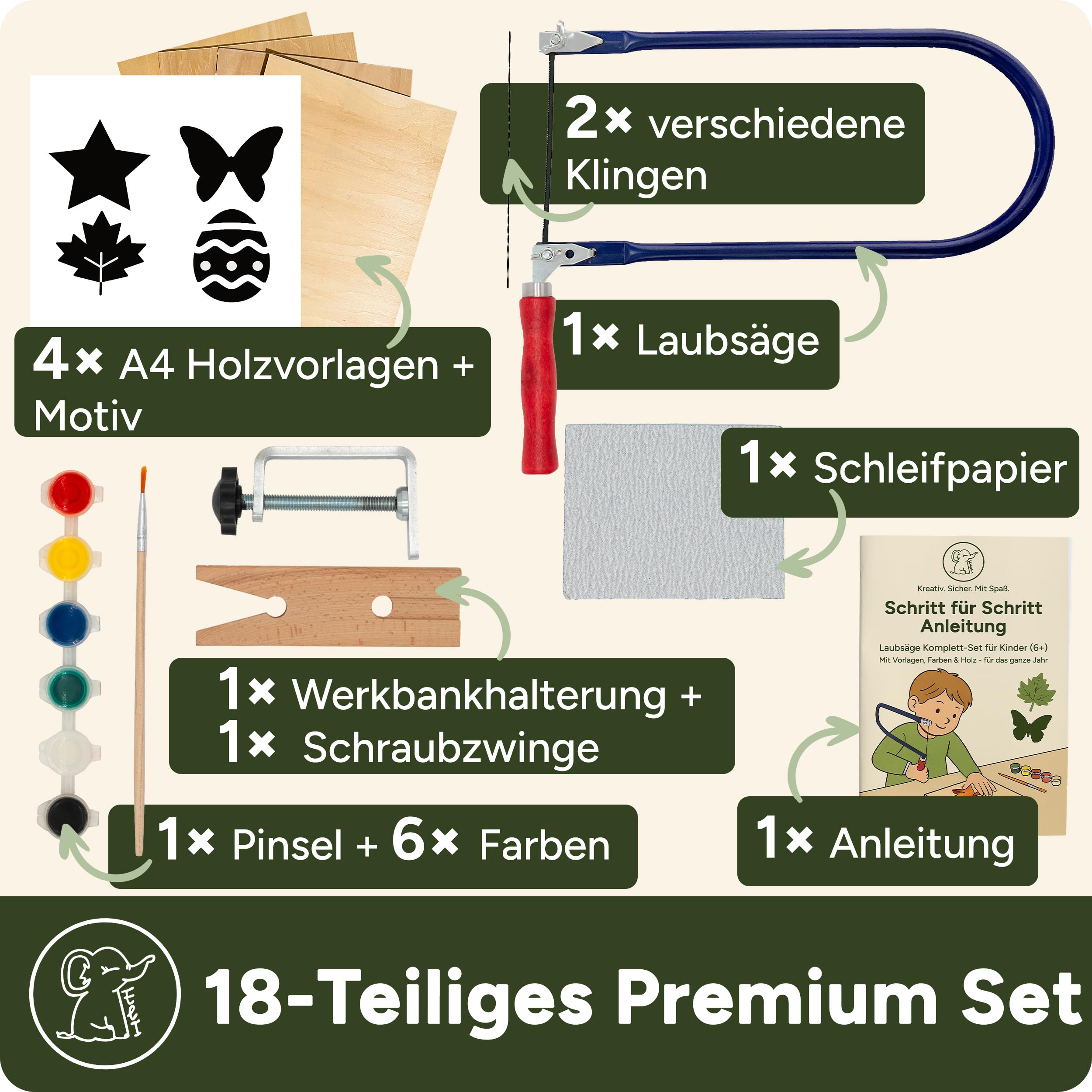 Eli® Laubsäge für Kinder - Komplett Set für Laubsägen inkl kreative Vorlagen - Laubsägeplatten - Farben - Pinsel - Schleifpapier - Holz - Geschenkidee Junge und Mädchen
