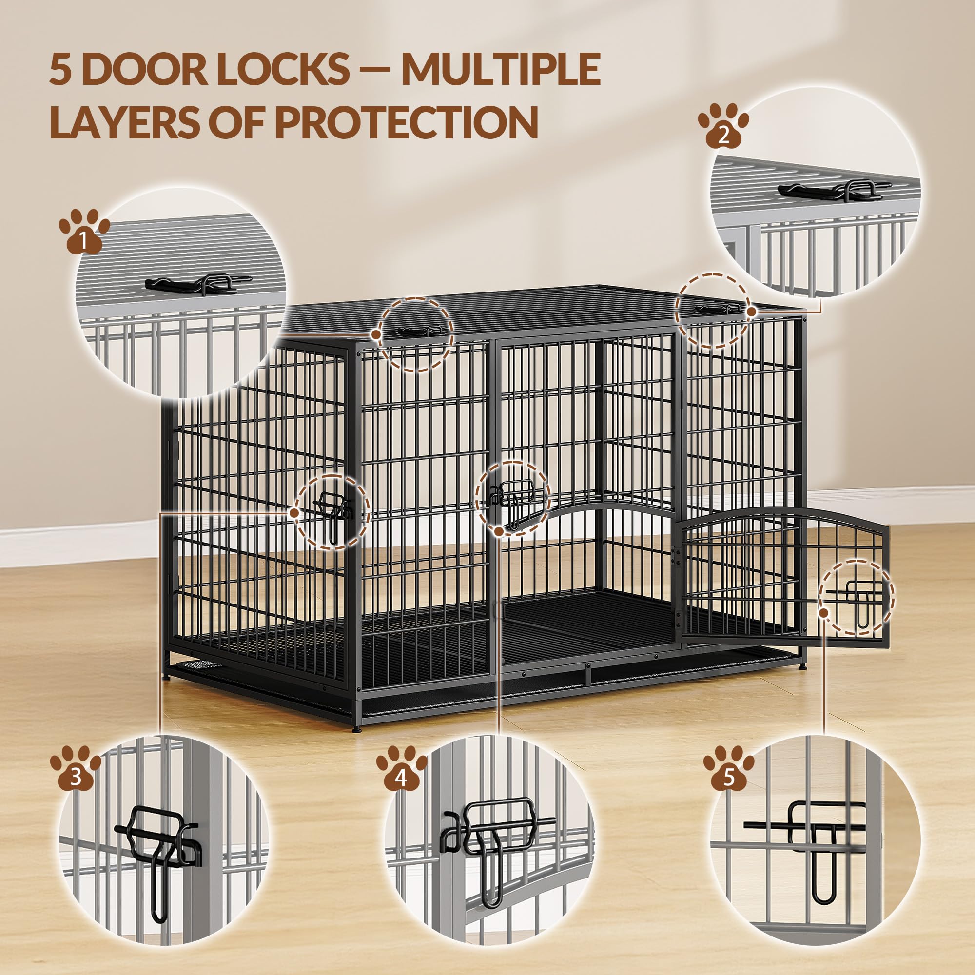 Gabbia Robusta per Cani, XL Gabbia Metallica per Cani con Porta Laterale e Vassoio Rimovibile, Facile da Pulire, 4 Porte Casetta per Animali, Cuccia Cane Interno, Nero, 107 x 70 x 75 cm