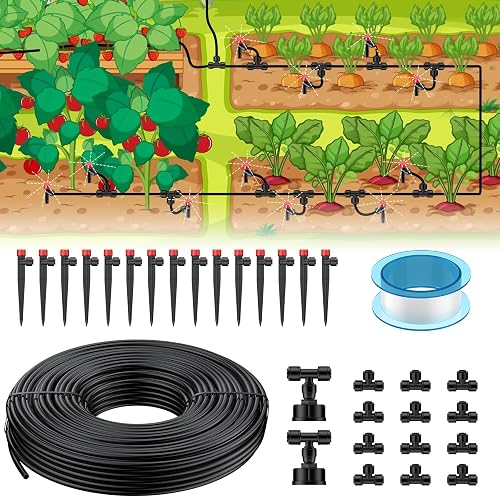 Pawfly 50ft Drip Irrigation System Kit - Quick-Connect Garden Watering System with 1/4" Tubing, Adjustable Emitters & Drip Irrigation Parts for Greenhouse, Lawn, Patio & Raised Beds