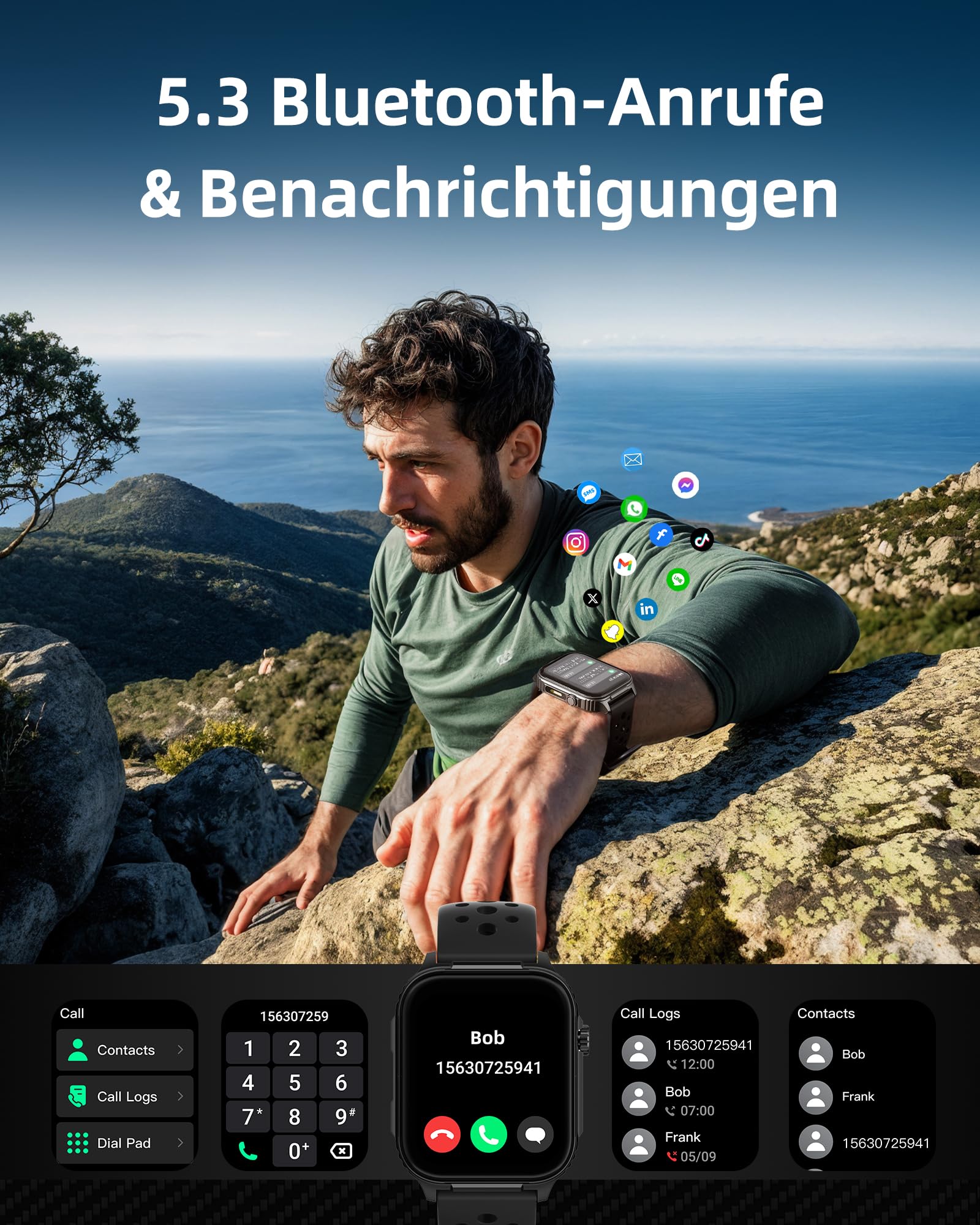 Parsonver Smartwatch Herren mit Eingebautem GPS, 10 Tage Akkulaufzeit | Fitness Watch mit Bluetooth Telefonfunktion, 100+ Sportmodi, Herzfrequenz, Schlafen, 400+ Zifferblätter, Kompass, Schwarz