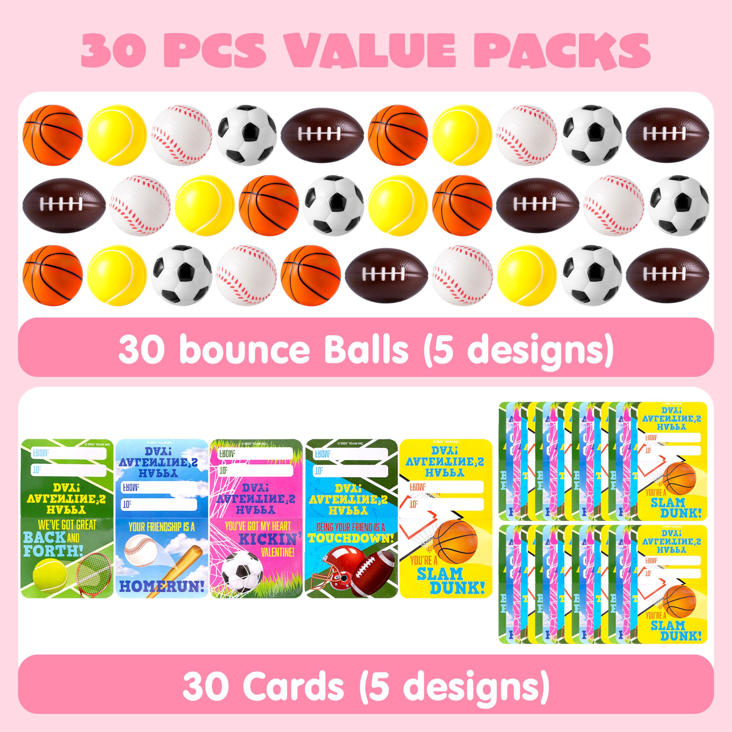 JOYIN 30 Packs Valentines Day Sport PU Balls with Gift Card, Mini Sports Ball Squeeze Foam for Classroom Exchange Gift for Kids, Holiday Party Favor Toys, Reward Prizes, Stress and Anxiety Relief