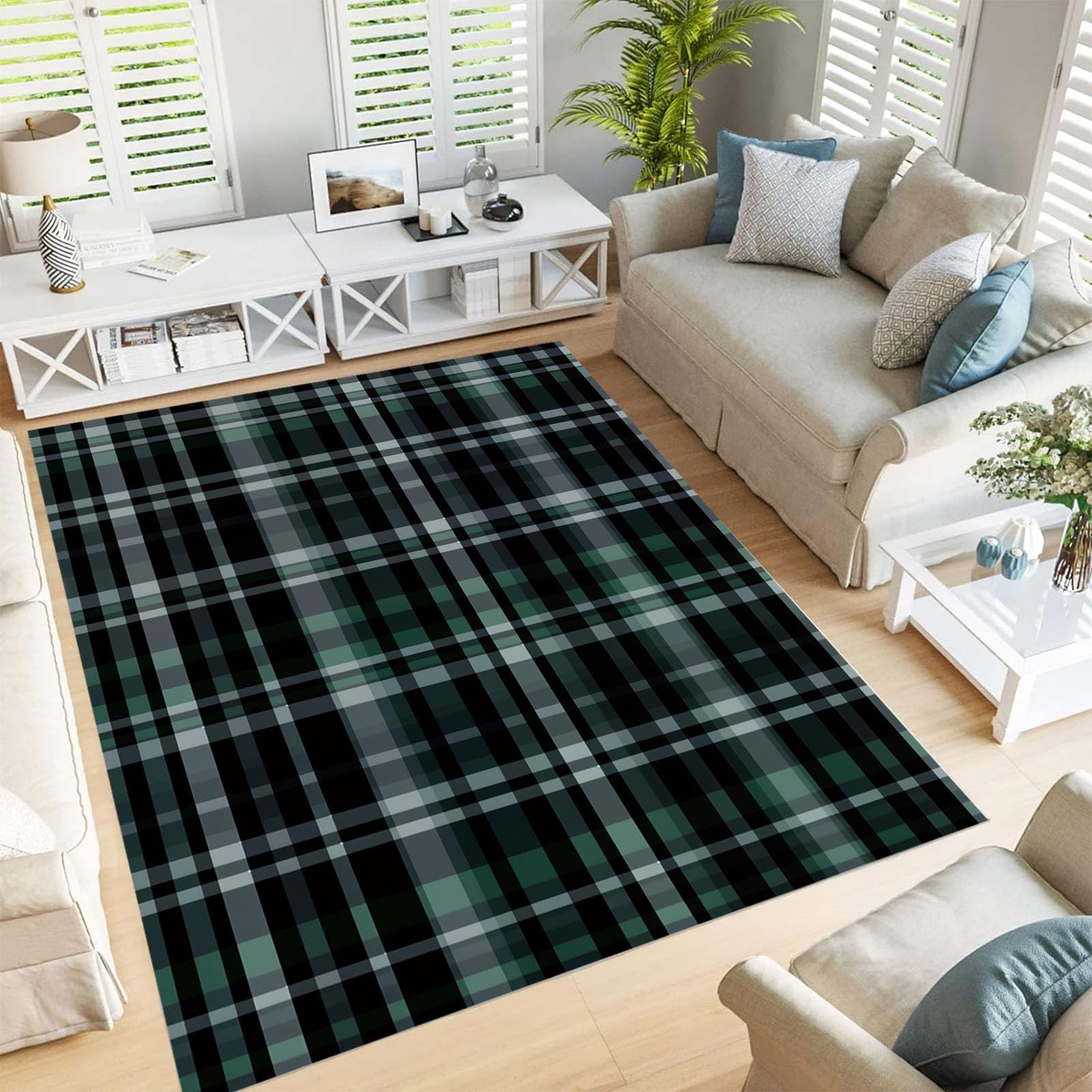 Tapis lavable tartan écossais antidérapant vert noir pour décoration salon et chambre