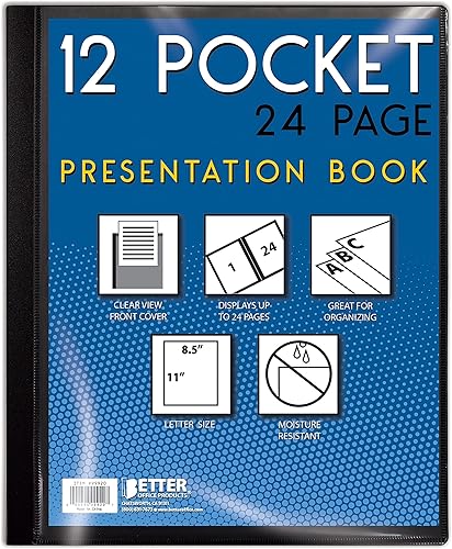 Better Office Products Libro de presentación encuadernado con 12 bolsillos, color negro con cubierta frontal transparente, 24 páginas protectoras de