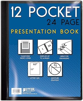 Better Office Products 12 Pocket Bound Presentation Book, Black with Clear View Front Cover, 24 Sheet Protector Pages, 8.5" x 11" Sheets, Art Portfolio, Durable Poly Covers, Letter Size, Black